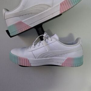 Puma Women's White Sneakers with Pink and Green Accents